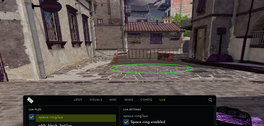 Lime world-space ring drawn in Counter-Strike 2 with space-ring.lua enabled