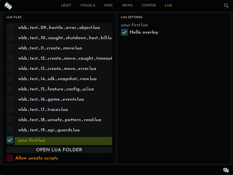 WallbangBros V2 Lua tab with your-first.lua enabled